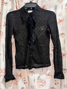 Motivi Black Sheer Button-Down Shirt with Fur-Trim Placket